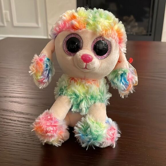 2017 Ty Beanie Boos Rainbow the Multicolour Poodle Excellent Condition NWT 6” - Picture 1 of 9